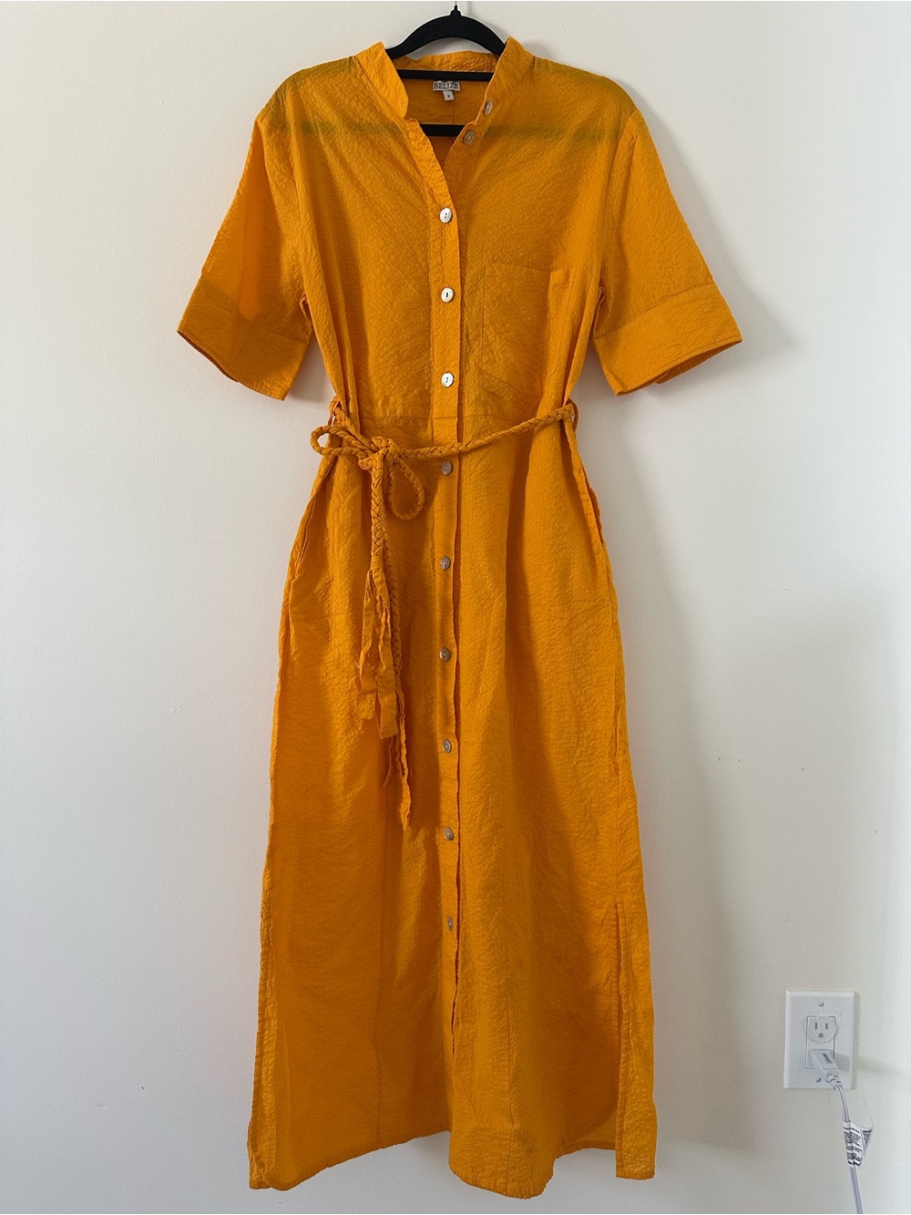 Button-Front Mustard Maxi Shirt Dress with Tie Waist